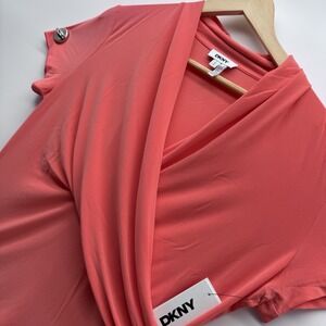 DKNY Wrap Front Blouse Womens Large L Sunrise Pink Short Sleeve Drape Top NWT